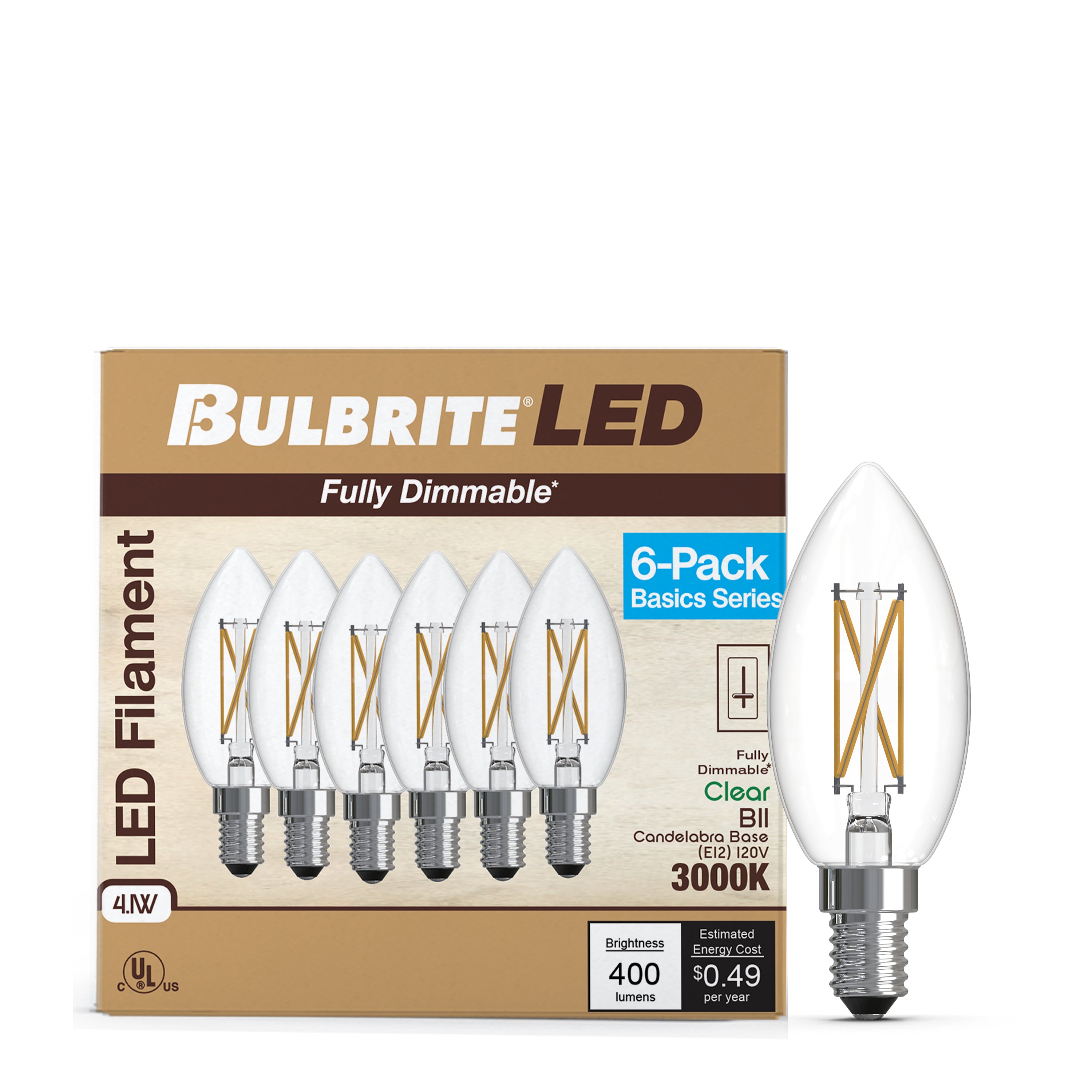 B11 4.1W Dimmable Clear Filament LED Light Bulb with E12 Base, 3000K, 400 Lumens, 6-Pack