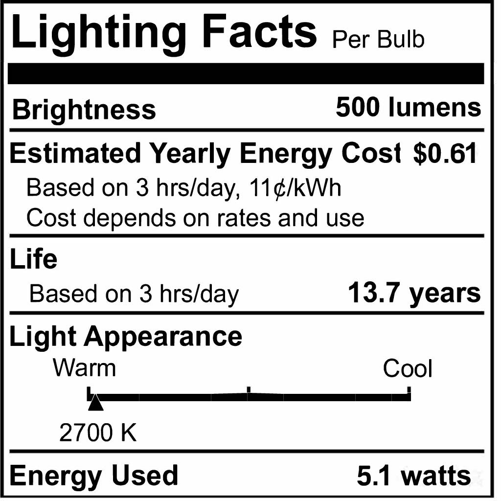 B11 5.1W Dimmable Clear Filament LED Light Bulb with E12 Base, 2700K, 500 Lumens, 25-Pack