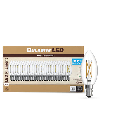 B11 4.1W Dimmable Clear Filament LED Light Bulb with E12 Base, 3000K, 400 Lumens, 25-Pack