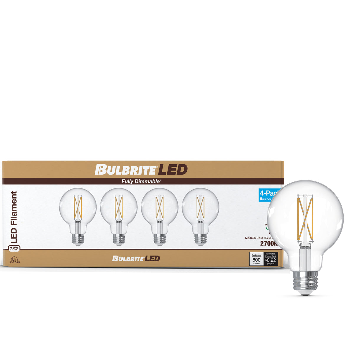 G25 7.6W Dimmable Clear Filament LED Light Bulb with E26 Base, 2700K, 800 Lumens, 4-Pack
