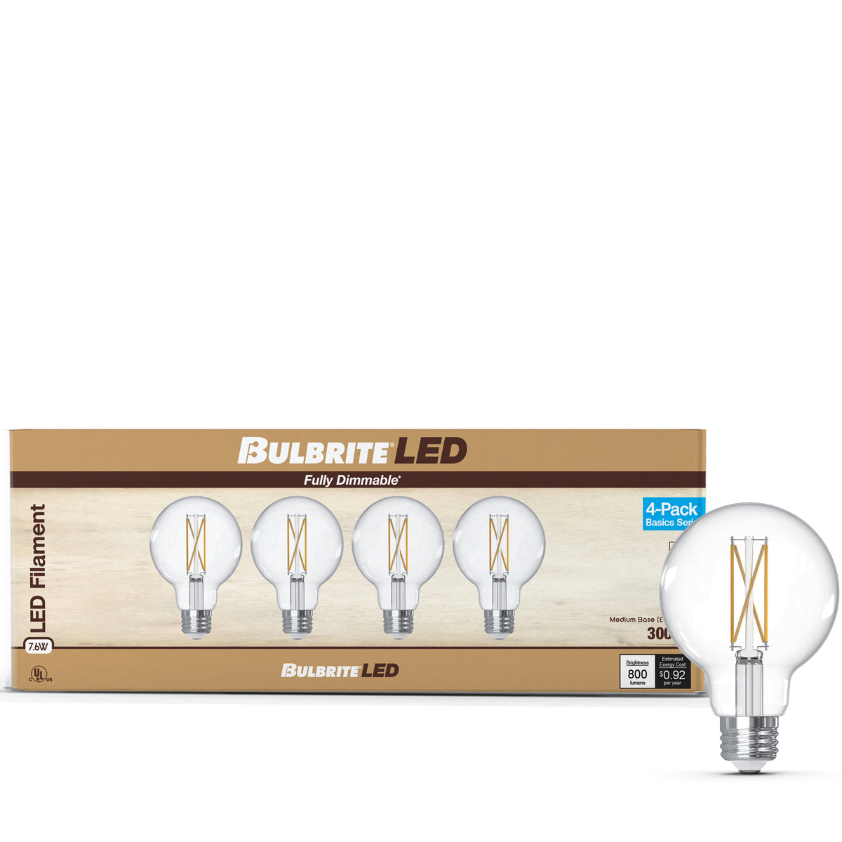 G25 7.6W Dimmable Clear Filament LED Light Bulb with E26 Base, 3000K, 800 Lumens, 4-Pack
