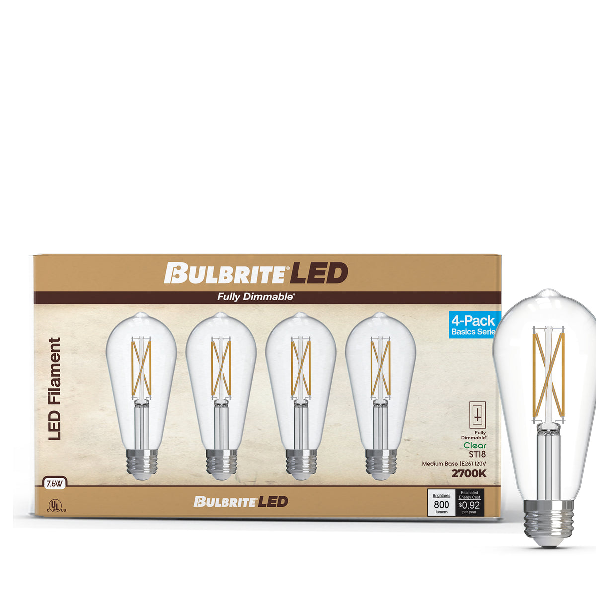 ST18 7.6W Dimmable Clear Filament LED Light Bulb with E26 Base, 2700K, 800 Lumens, 4-Pack
