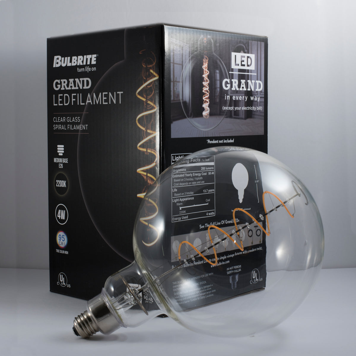 Grands G63 4W Dimmable Clear Filament LED Light Bulb with E26 Base, 2200K, 190 Lumens