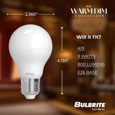 Warm Dims A19 9W Dimmable Milky Filament LED Light Bulb with E26 Base, 3000K-1800K, 800 Lumens, 2-Pack