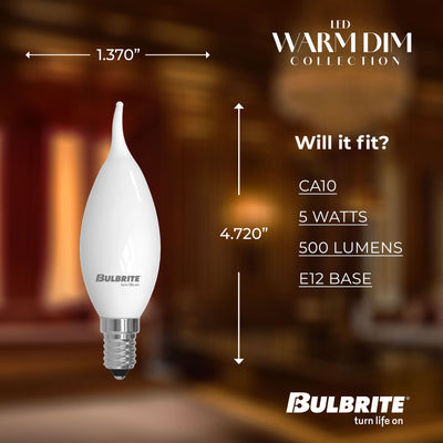 Warm Dims CA10 5W Dimmable Milky Filament LED Light Bulb with E12 Base, 3000K-1800K, 500 Lumens, 4-Pack