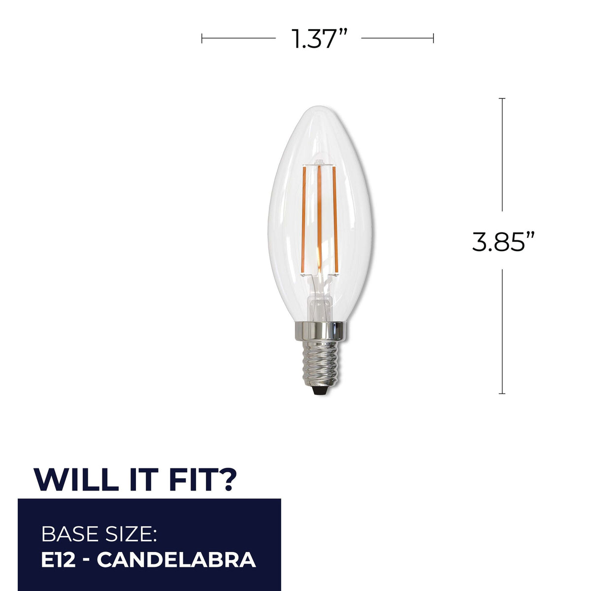 B11 5W Dimmable Clear Filament LED Light Bulb with E12 Base, 2700K, 500 Lumens, 4-Pack