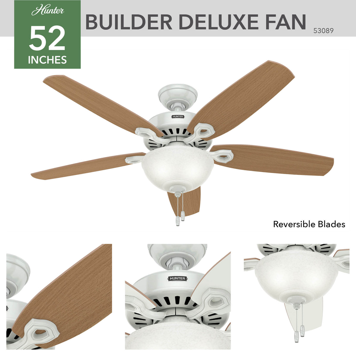 52 inch Builder White Ceiling Fan with LED Light Kit and Pull Chain