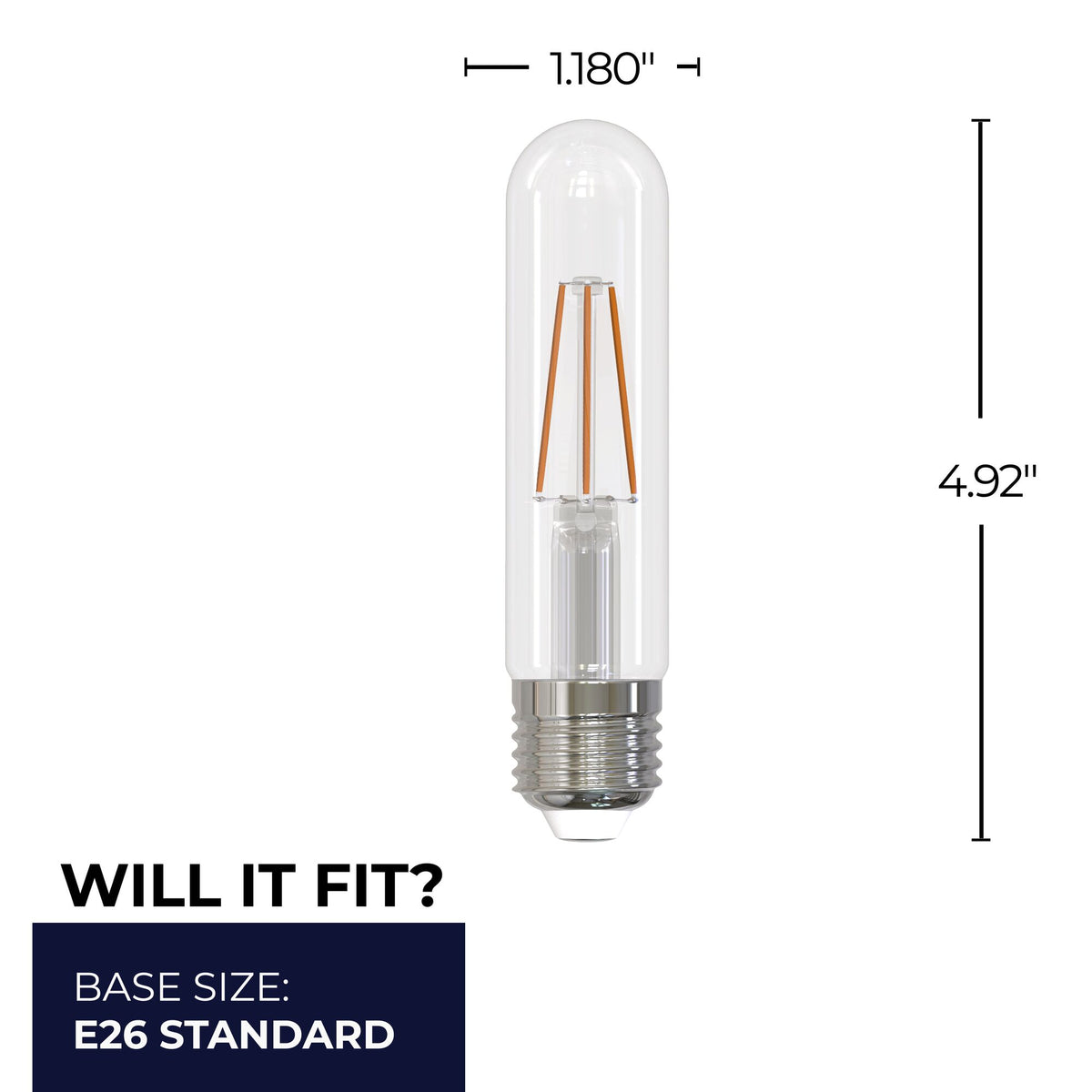 T9 5-inch 5W Dimmable Clear Filament LED Light Bulb with E26 Base, 3000K, 500 Lumens, 4-Pack