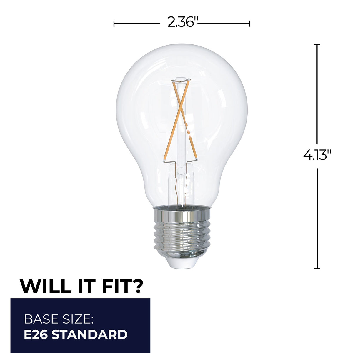 A19 2.5W Dimmable Clear Filament LED Light Bulb with E26 Base, 2700K, 250 Lumens, 6-Pack, 25W Equivalent