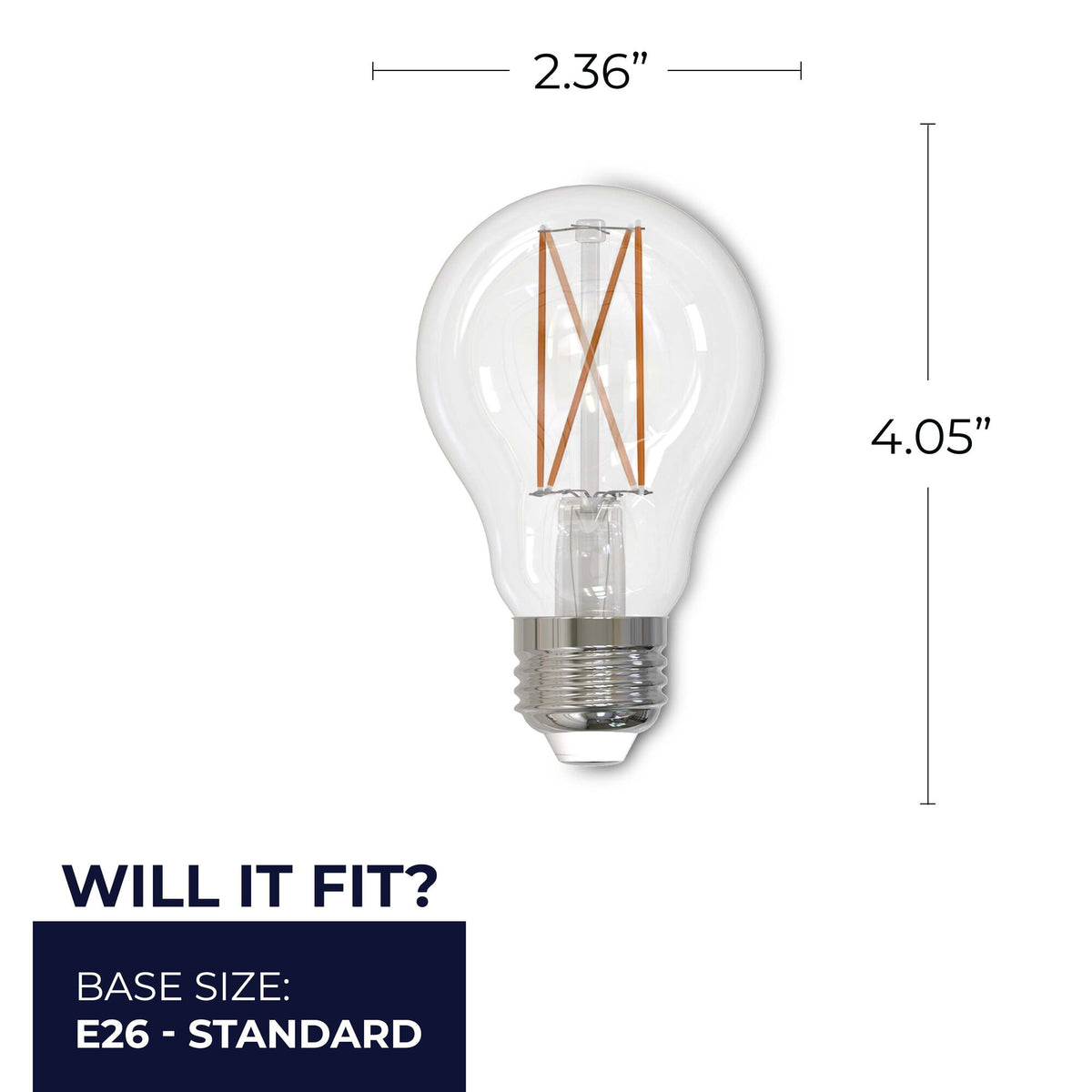A19 5W Dimmable Clear Filament LED Light Bulb with E26 Base, 2700K, 450 Lumens, 2-Pack