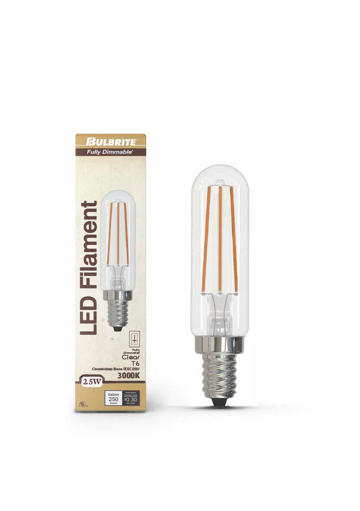 T6 2.5W Dimmable Clear Filament LED Light Bulb with E12 Base, 3000K, 250 Lumens, 3-Pack