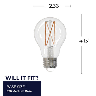 A19 8.5W Dimmable Clear Filament LED Light Bulb with E26 Base, 5000K, 800 Lumens, 4-Pack
