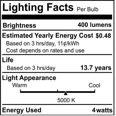 B11 4W Dimmable Clear Filament LED Light Bulb with E12 Base, 5000K, 400 Lumens, 4-Pack