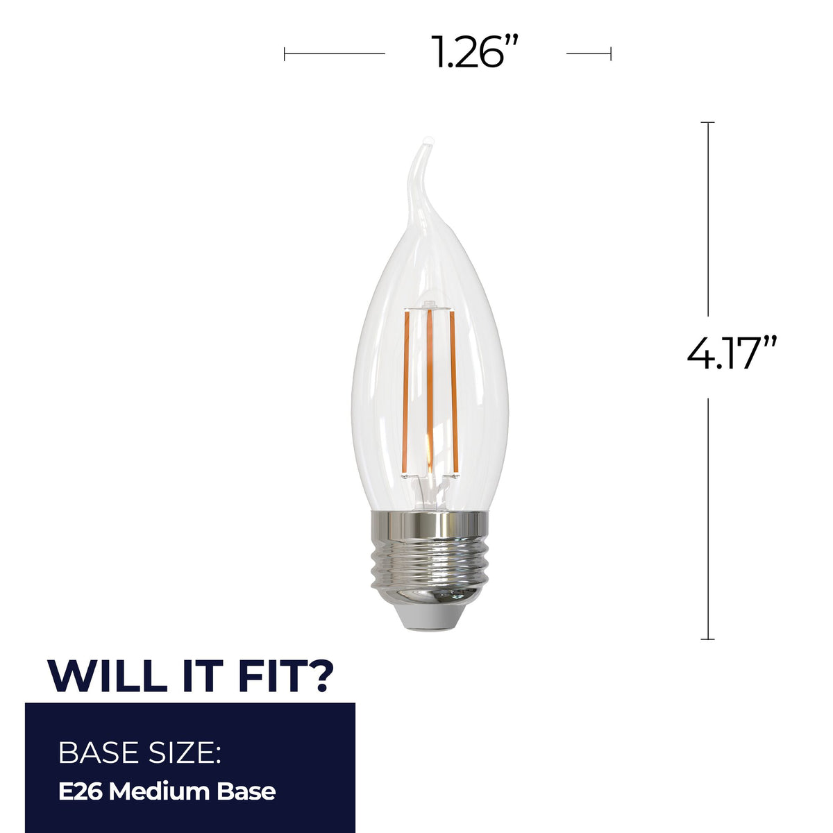 CA10 5W Dimmable Clear Filament LED Light Bulb with E26 Base, 3000K, 500 Lumens, 4-Pack