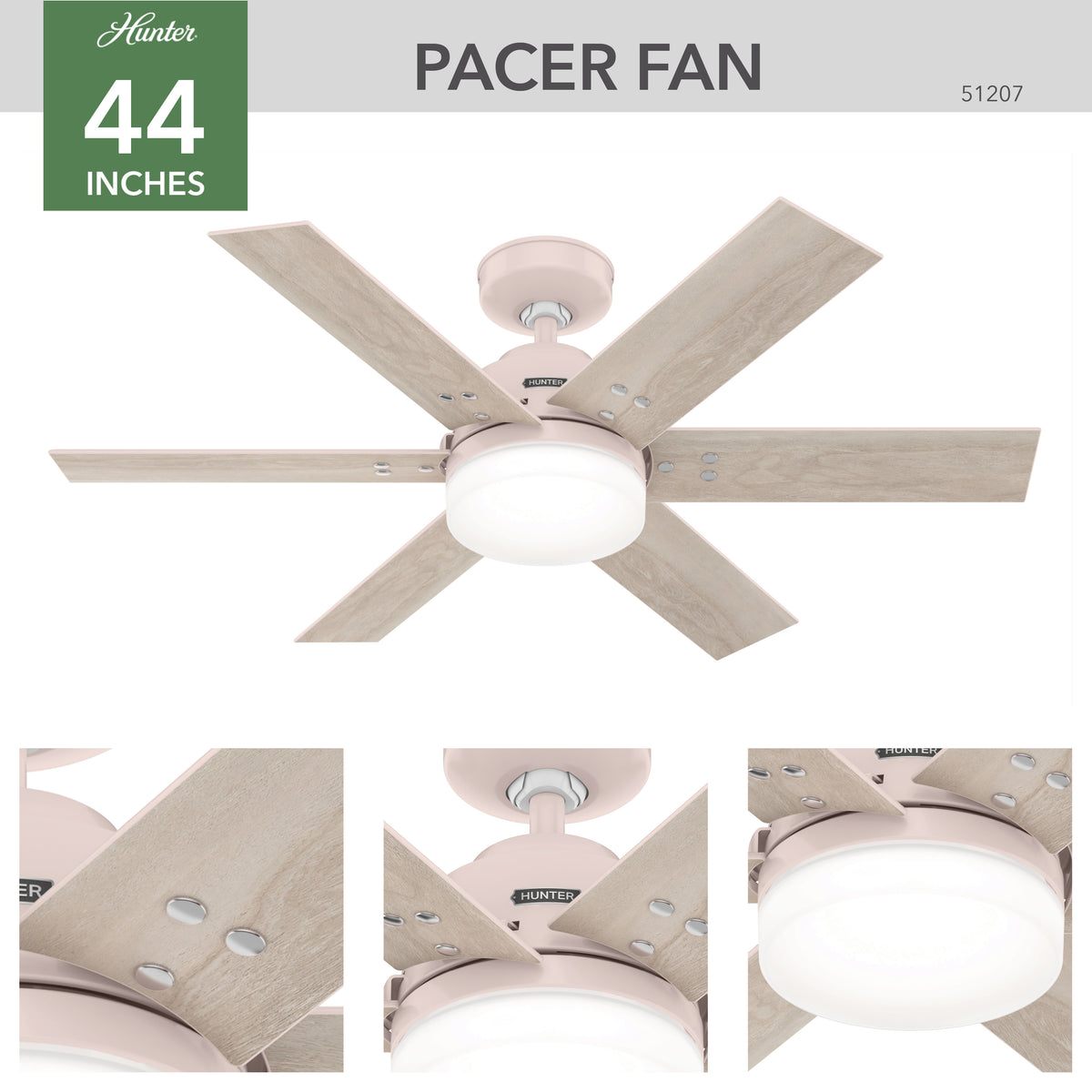 44 inch Pacer Blush Pink Ceiling Fan with LED Light Kit and Handheld Remote