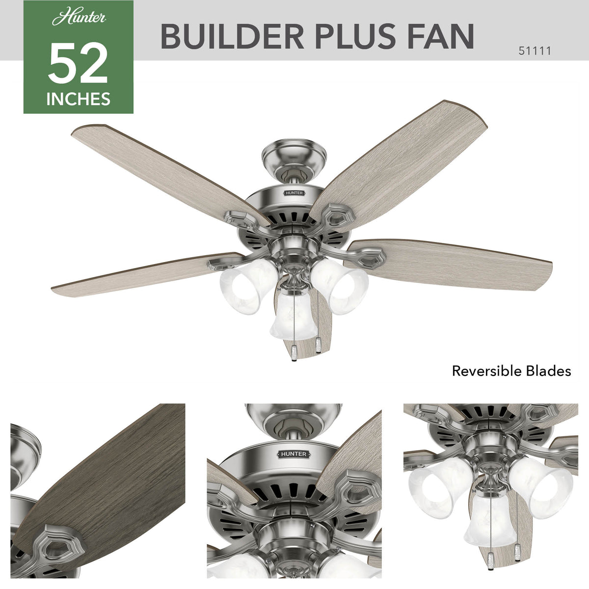 52 inch Builder Brushed Nickel Ceiling Fan with LED Light Kit