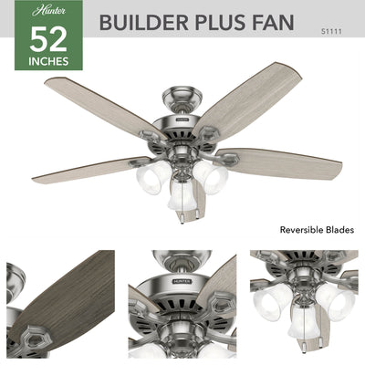 52 inch Builder Brushed Nickel Ceiling Fan with LED Light Kit