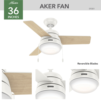 36 inch Aker Fresh White Ceiling Fan with LED Light Kit and Pull Chain