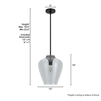 Vidria 12-inch 1-light Matte Black Pendant with Smoked Glass