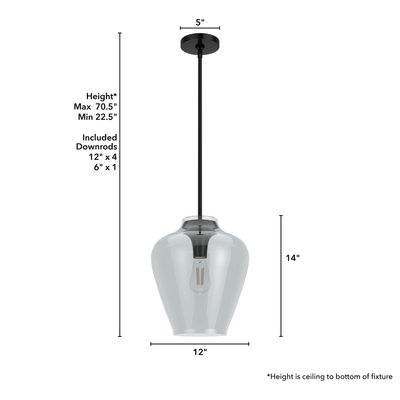 Vidria 12-inch 1-light Matte Black Pendant with Smoked Glass