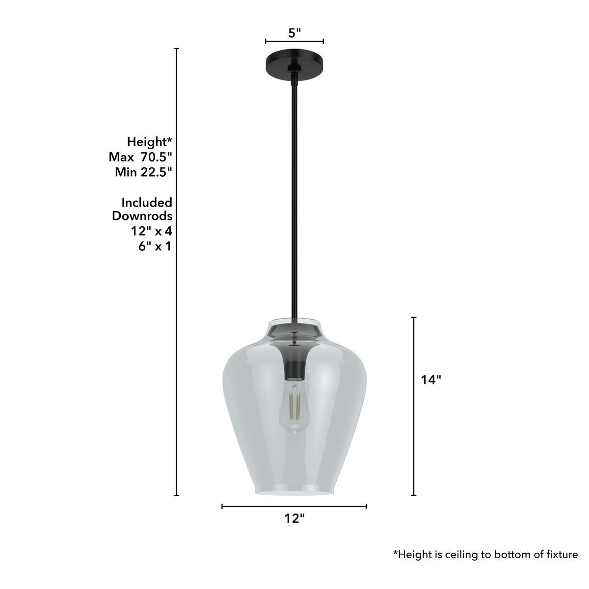 Vidria 12-inch 1-light Matte Black Pendant with Smoked Glass
