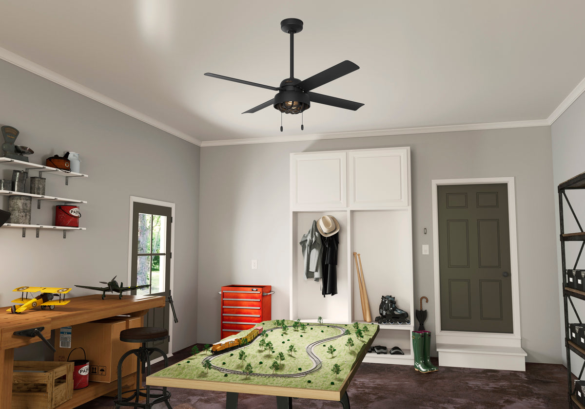 52 inch Spring Mill Matte Black Damp Rated Ceiling Fan with LED Light Kit and Pull Chain
