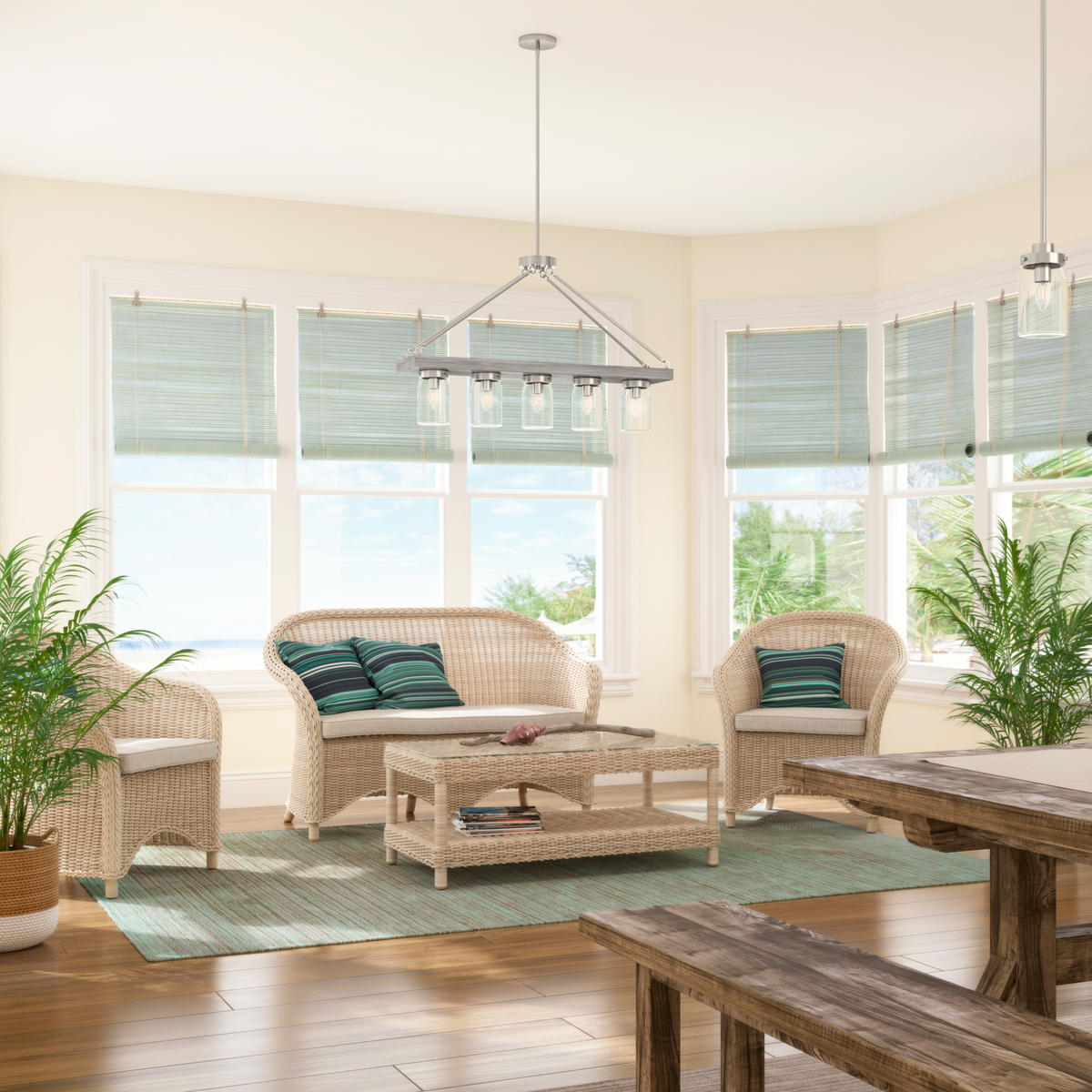 Devon Park 38-inch 5-light Brushed Nickel and Grey Wood Linear Chandelier with Clear Glass