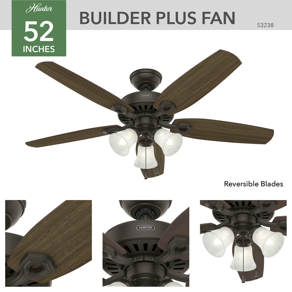 52 inch Builder New Bronze Ceiling Fan with LED Light Kit and Pull Chain
