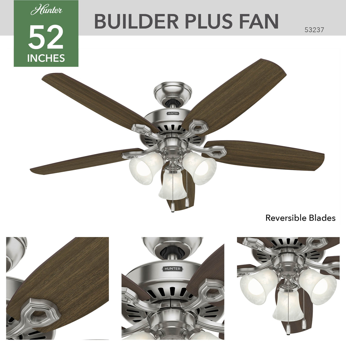 52 inch Builder Brushed Nickel Ceiling Fan with LED Light Kit and Pull Chain