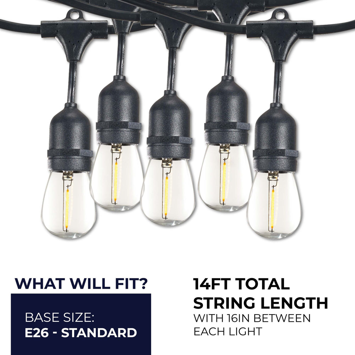 14-foot Black S14 LED String Light Kit with 10 Bulbs, 2700K, 2-Pack