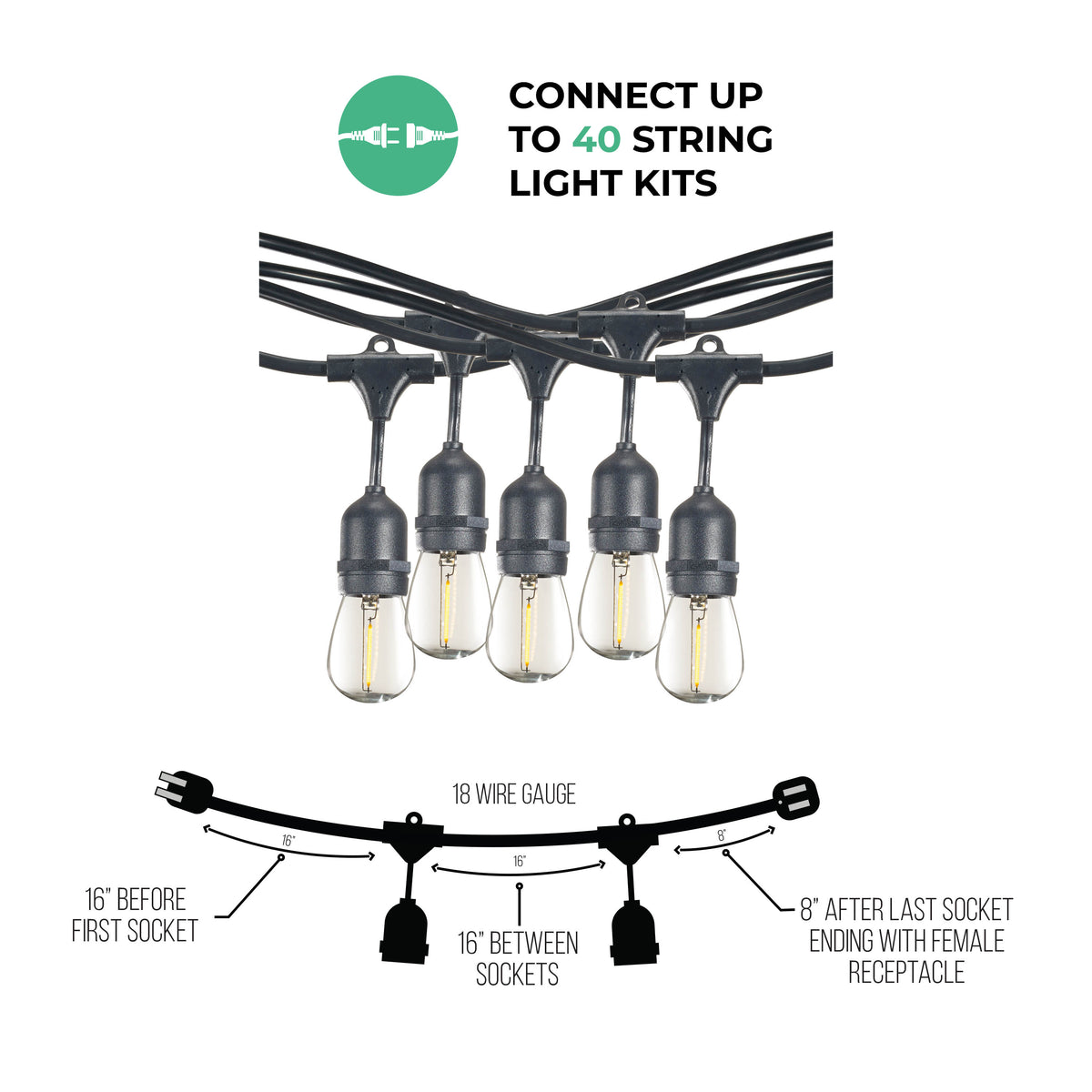 14-foot Black S14 LED String Light Kit with 10 Bulbs, 2700K