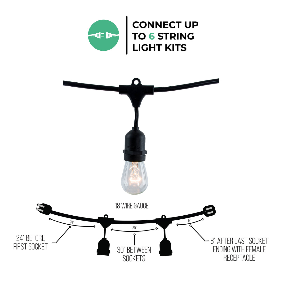 30-foot Black S14 Incandescent String Light Kit with 12 Sockets, 2700K