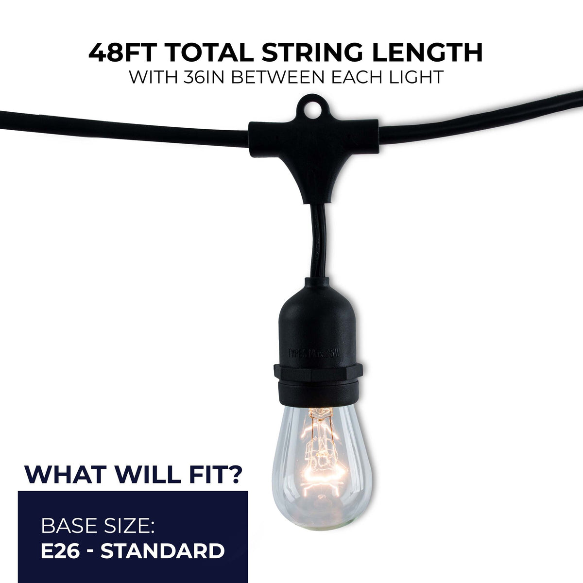 48-foot Black S14 Incandescent String Light Kit with 15 Sockets, 2700K