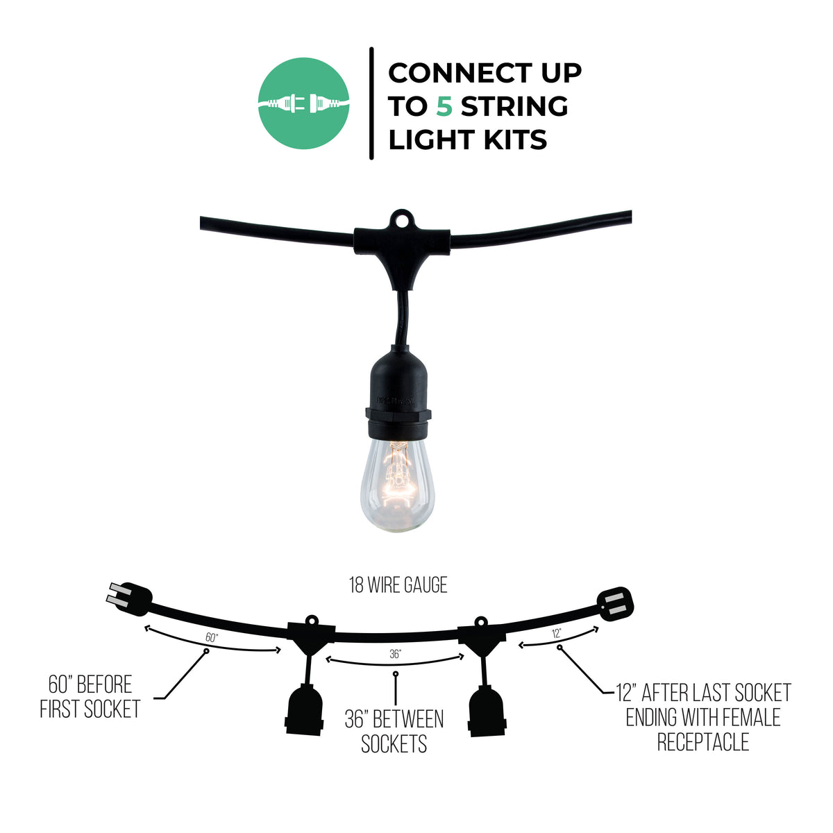 48-foot Black S14 Incandescent String Light Kit with 15 Sockets, 2700K, 2-Pack