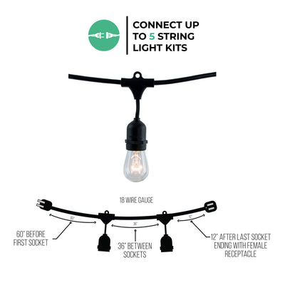 48-foot Black S14 Incandescent String Light Kit with 15 Sockets, 2700K, 2-Pack