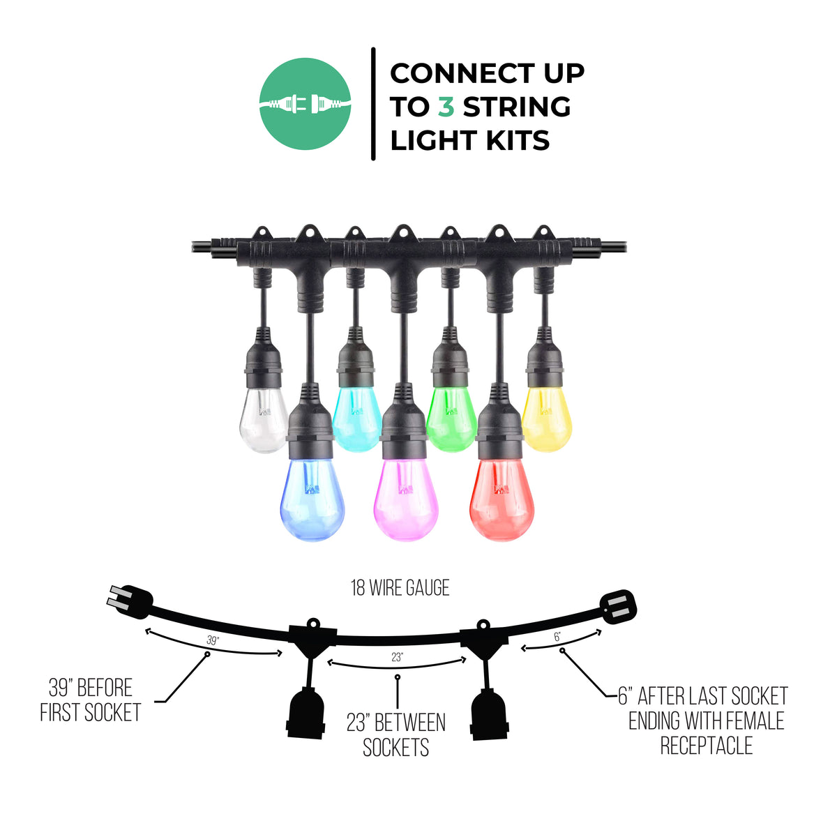 36-foot Black S14 Smart RGB Color-Changing LED String Light Kit with 18 Bulbs, 2-Pack