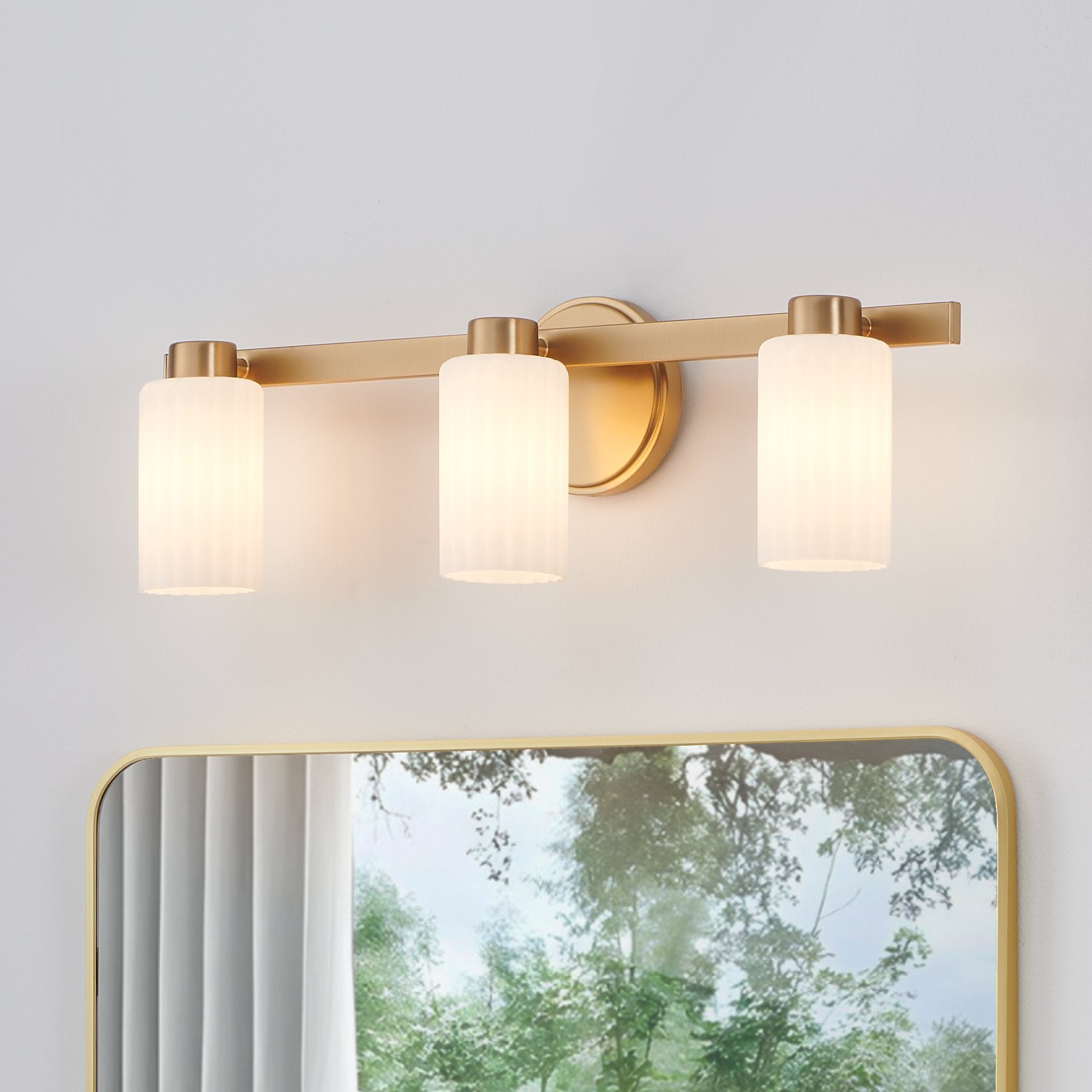 Bedminster 24-inch 3-light Champagne Gold Vanity Light with Etched Opal Ribbed Glass Shades