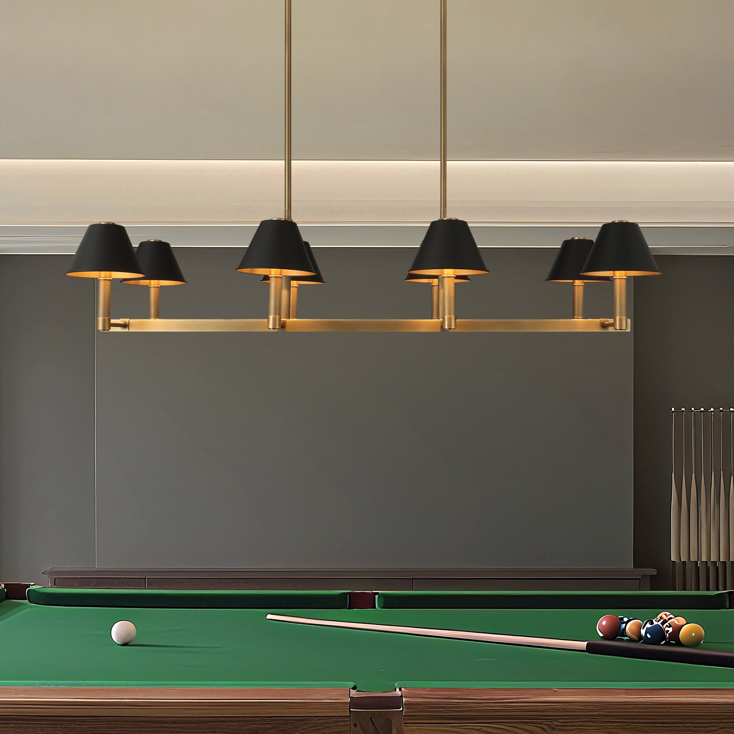 Mcgill 52-inch 8-light Natural Brass Linear Chandelier with Matte Black and Gold Metal Shades