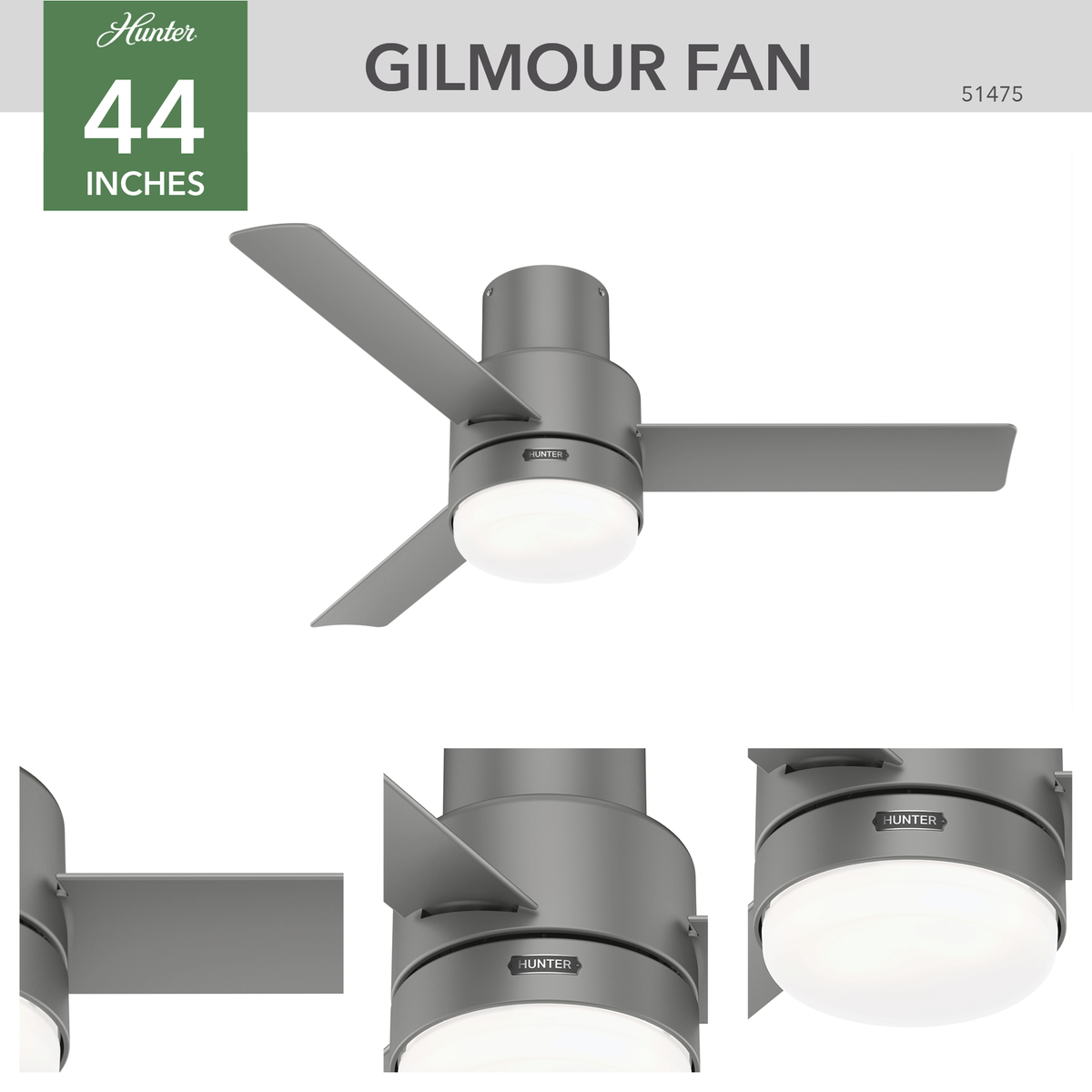 44 inch Gilmour Matte Silver Low Profile Damp Rated Ceiling Fan with LED Light Kit and Handheld Remote