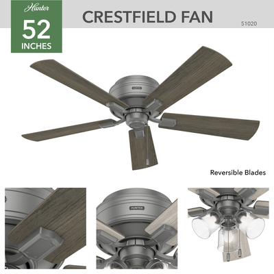 52 inch Crestfield Matte Silver Low Profile Ceiling Fan with LED Light Kit and Pull Chain