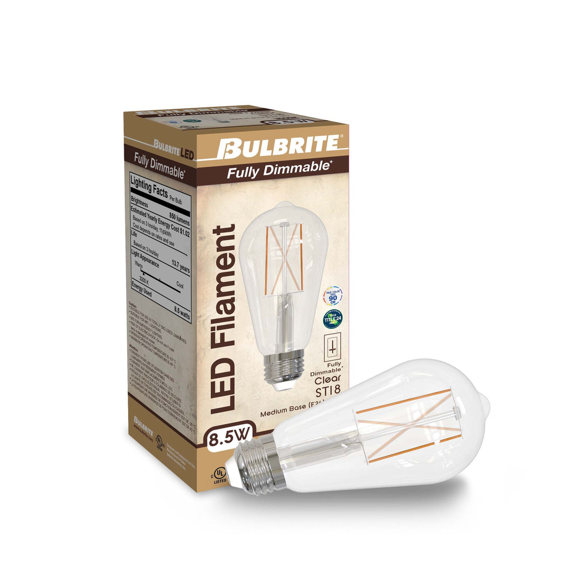 ST18 8.5W Dimmable Clear Filament LED Light Bulb with E26 Base, 3000K, 850 Lumens, 2-Pack