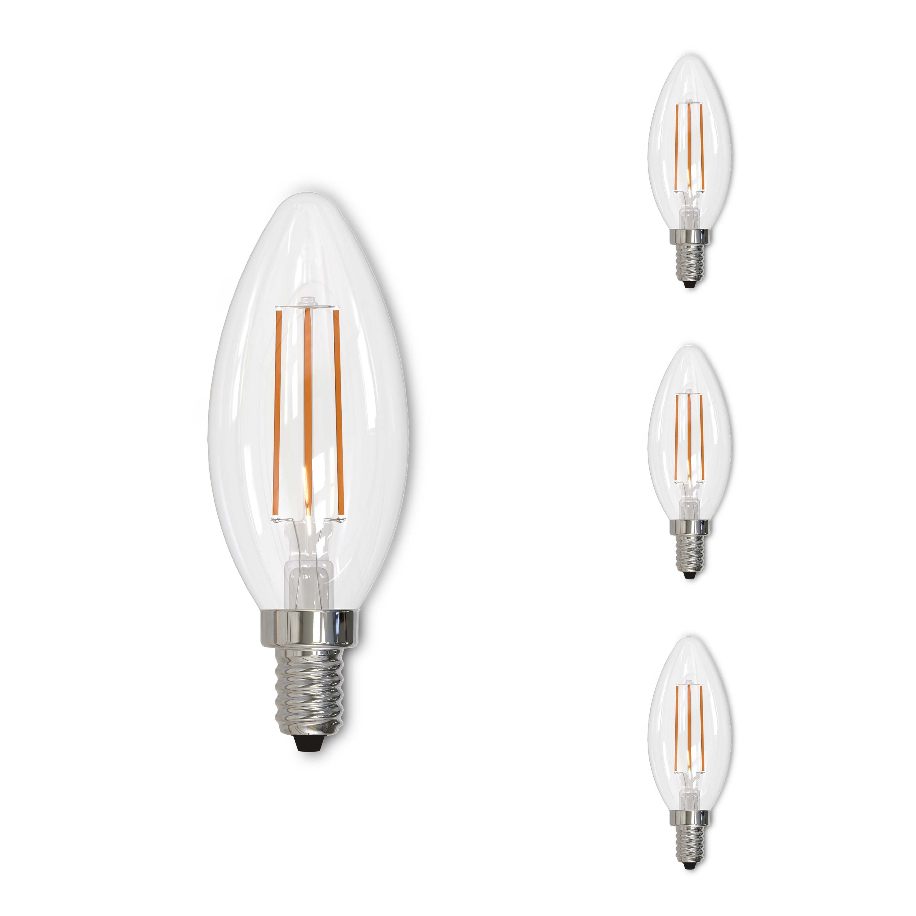 B11 5W Dimmable Clear Filament LED Light Bulb with E12 Base, 3000K, 500 Lumens, 4-Pack, 15000-Hour Life
