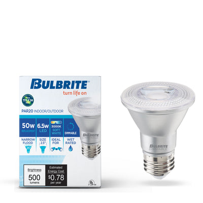 PAR20 6.5W Dimmable LED Light Bulb with E26 Base, 3000K, 500 Lumens, Narrow Flood, 6-Pack