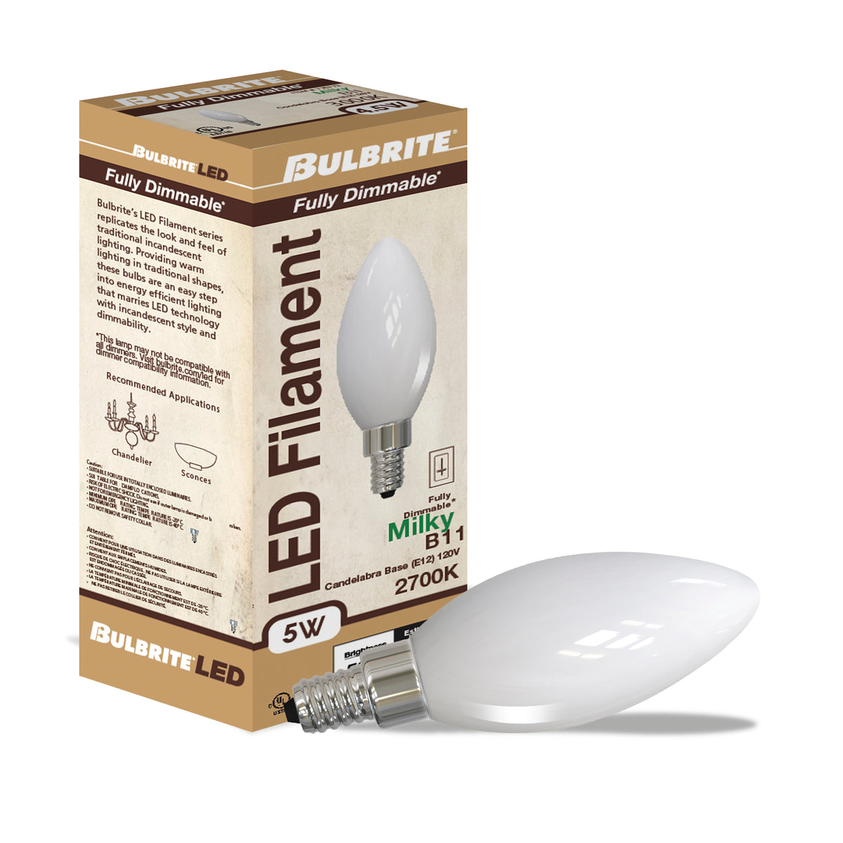 B11 5W Dimmable Milky Filament LED Light Bulb with E12 Base, 2700K, 500 Lumens, 4-Pack