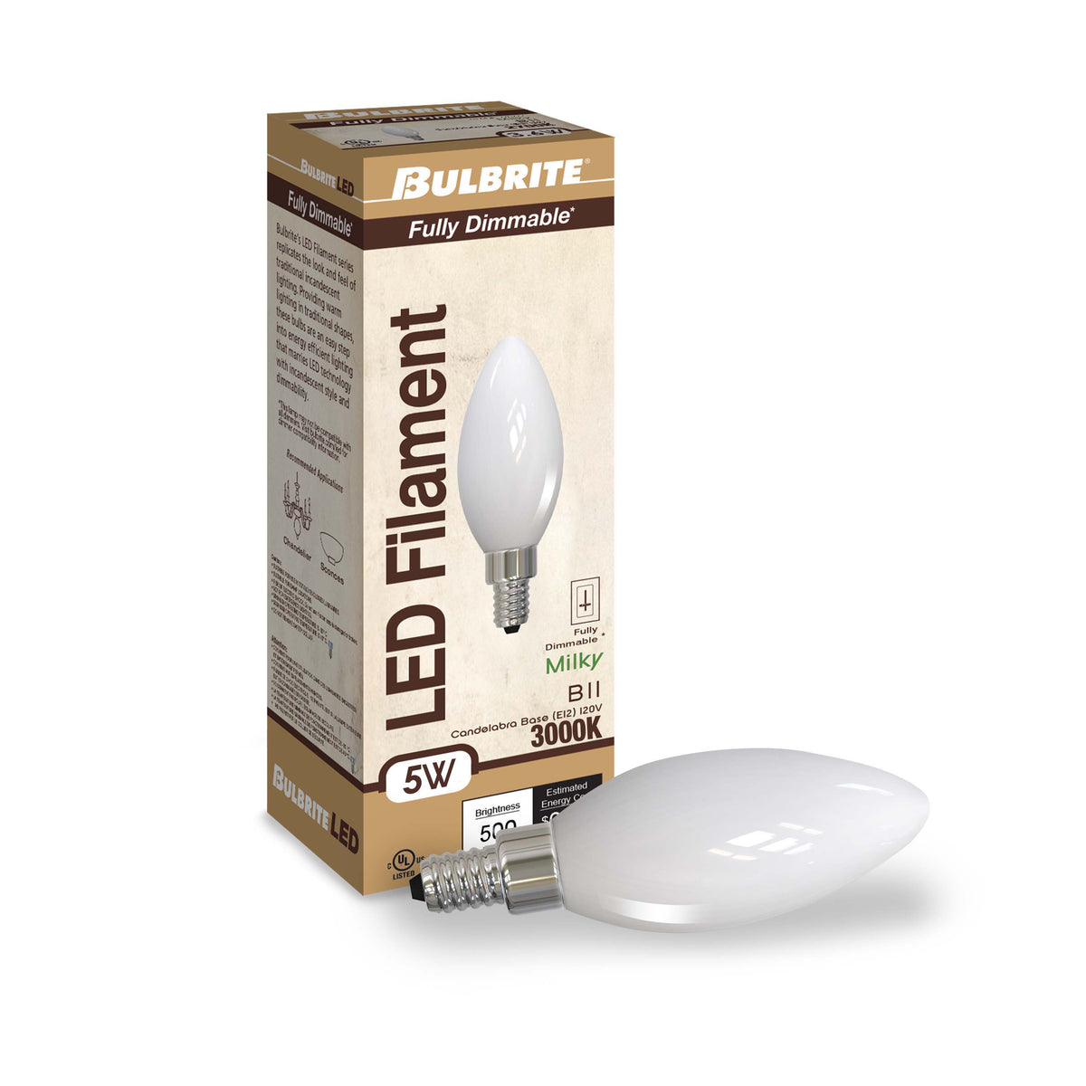 B11 5W Dimmable Milky Filament LED Light Bulb with E12 Base, 3000K, 500 Lumens, 4-Pack