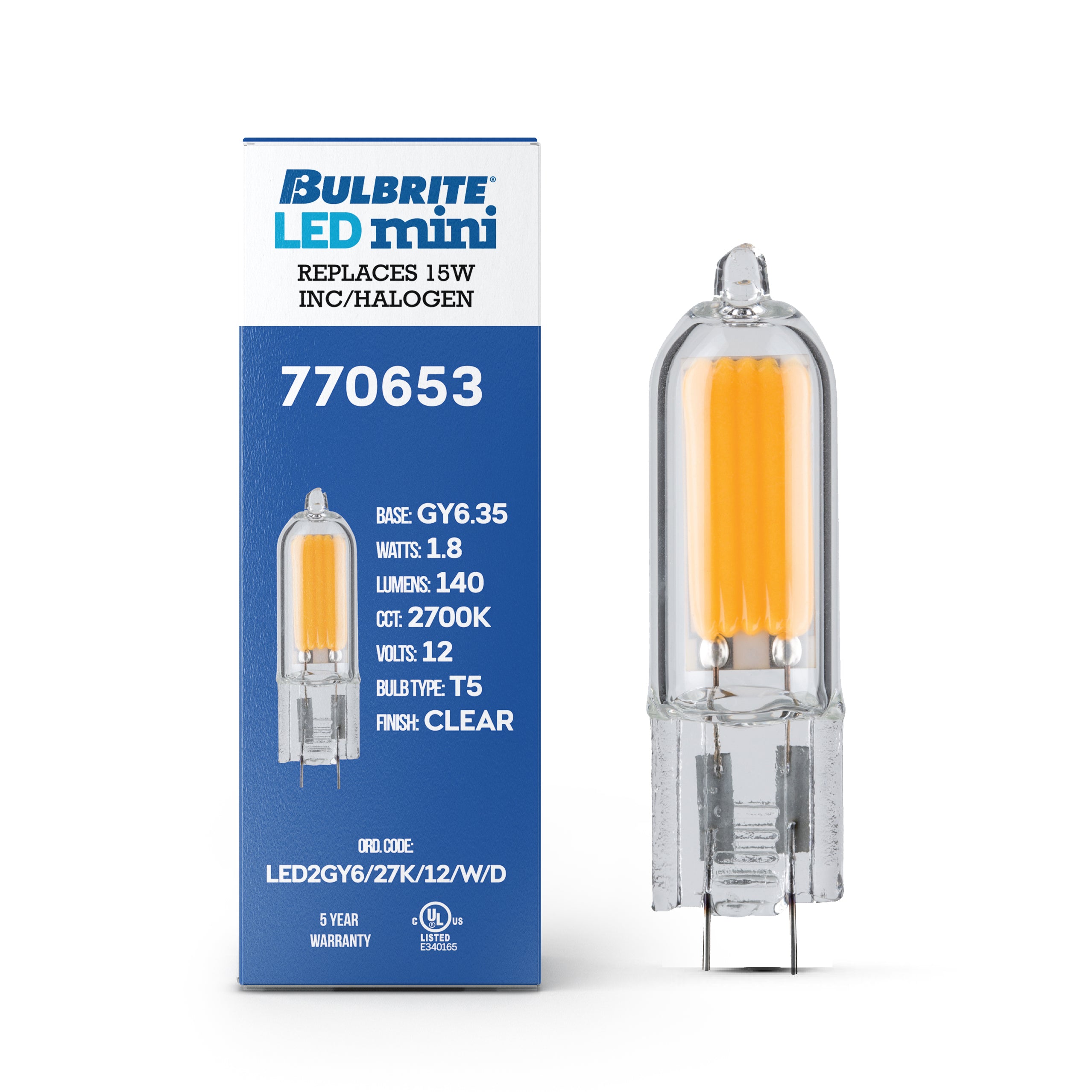 T5 1.8W Dimmable Clear Filament LED Light Bulb with GY6.35 Base, 2700K, 140 Lumens, 12V, 4-Pack