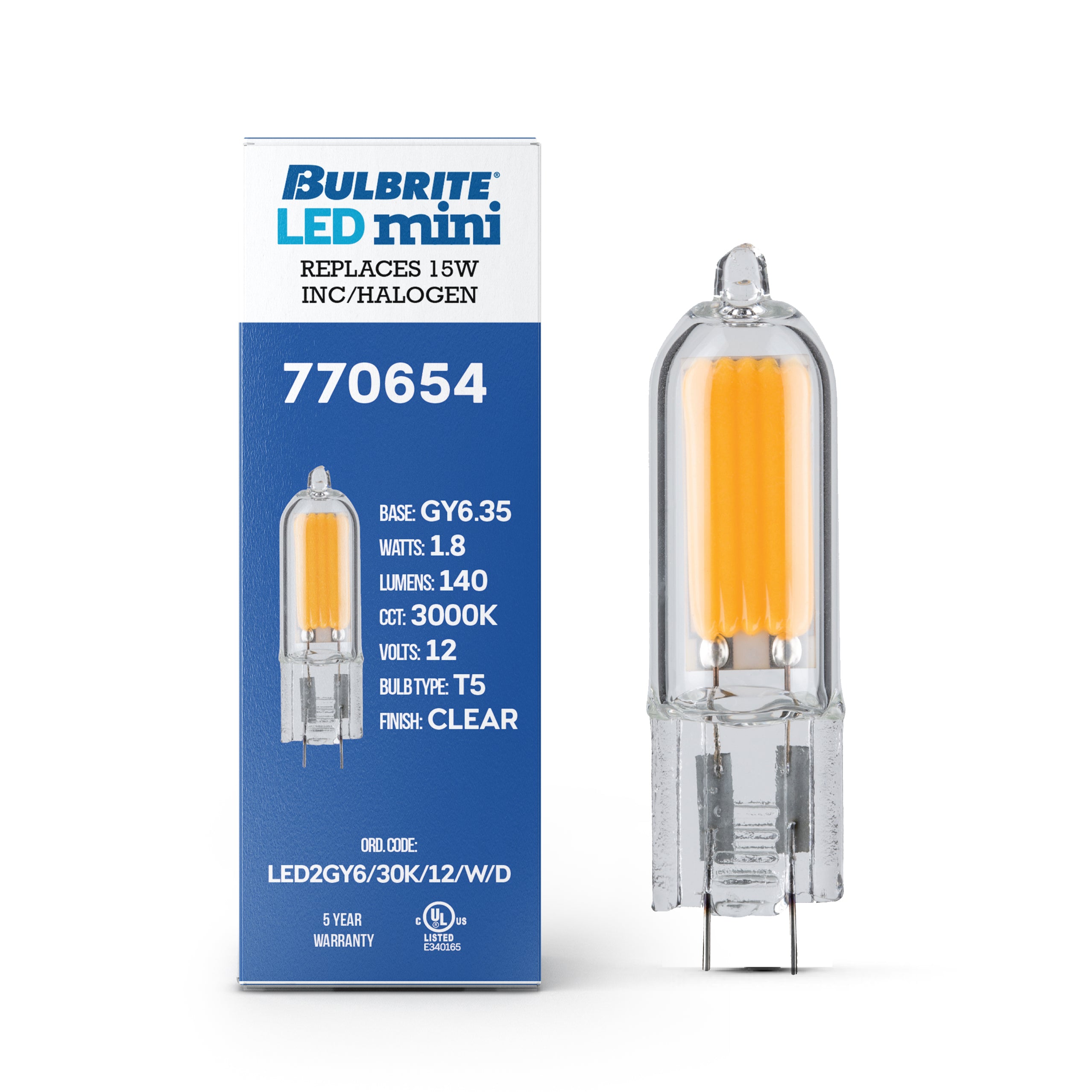 T5 1.8W Dimmable Clear Filament LED Light Bulb with GY6.35 Base, 3000K, 140 Lumens, 12V, 4-Pack