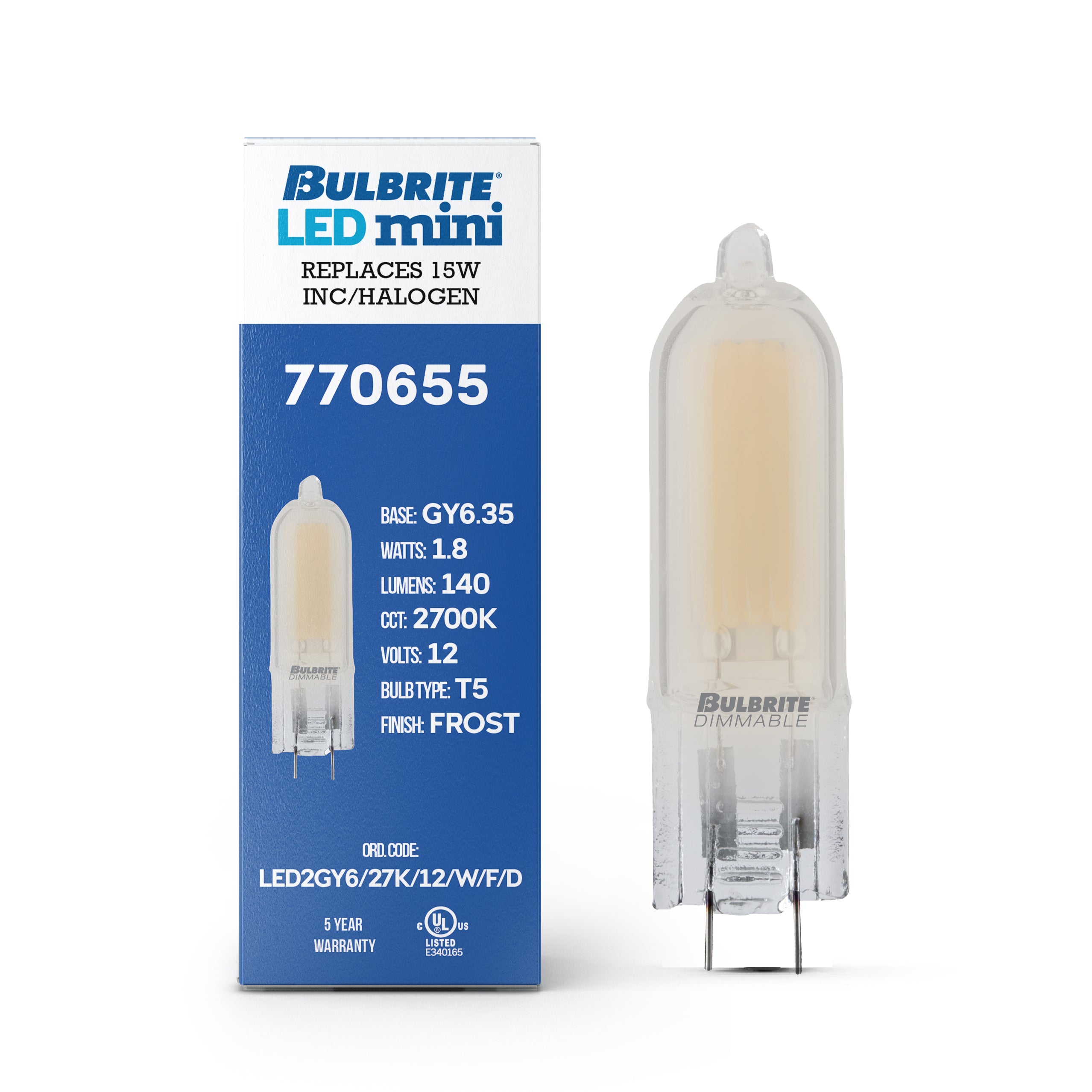 T5 1.8W Dimmable Frost Filament LED Light Bulb with GY6.35 Base, 2700K, 140 Lumens, 12V, 4-Pack