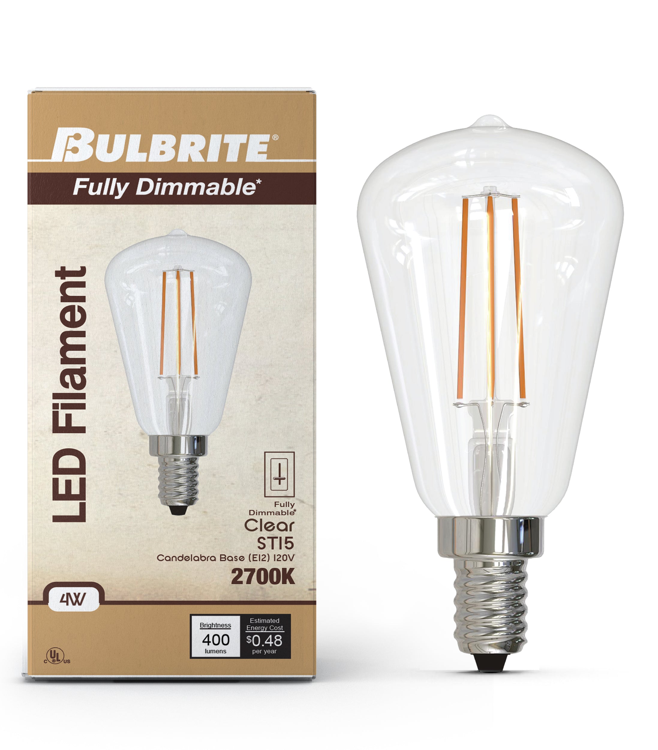 ST15 4W Dimmable Clear Filament LED Light Bulb with E12 Base, 3000K, 400 Lumens, 4-Pack