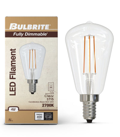 ST15 4W Dimmable Clear Filament LED Light Bulb with E12 Base, 2700K, 400 Lumens, 4-Pack